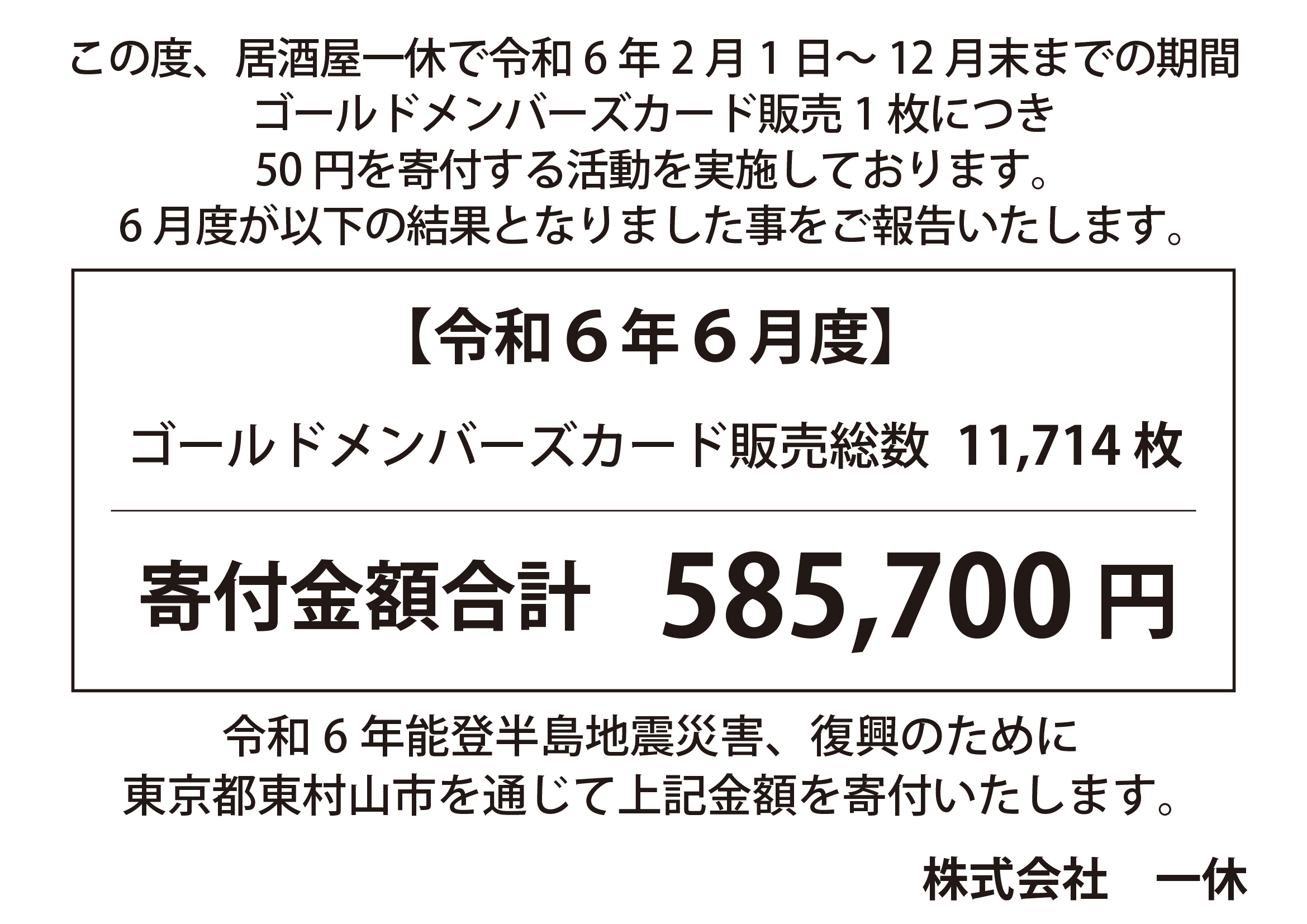 6月度寄付額ご報告【ゴールドメンバーズカード、チャリティーキャンペーン】 - 居酒屋一休｜ブランドサイト